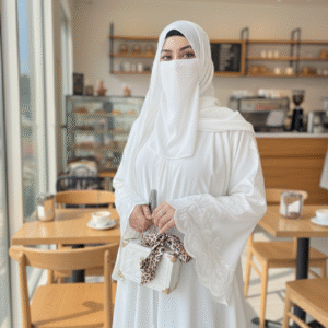 Embroidered White Front Open Abaya