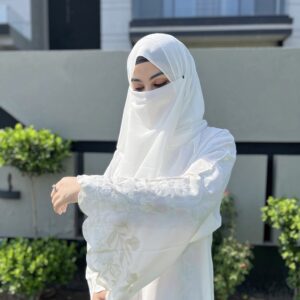 Embroidered White Front Open Abaya
