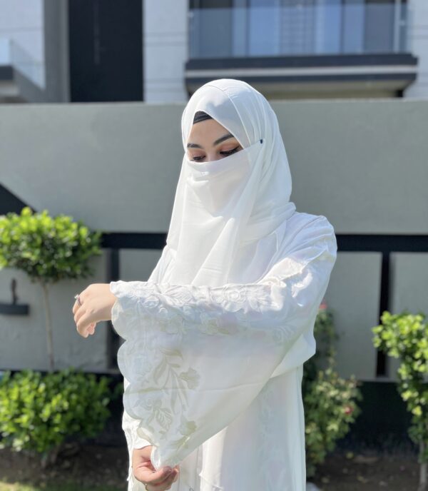 Embroidered White Front Open Abaya