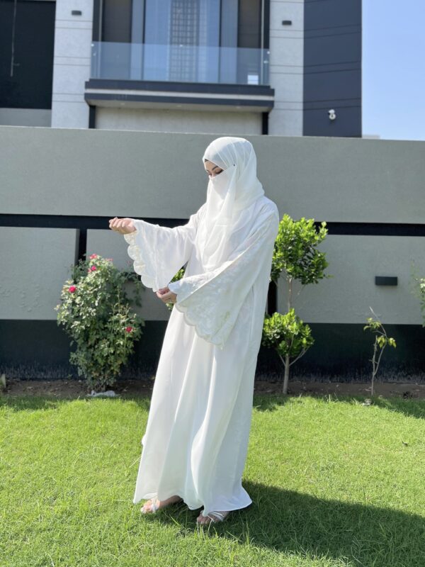 Embroidered White Front Open Abaya - Image 3