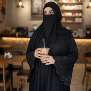 Embroidered Black Front Open Abaya