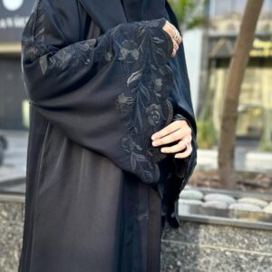 Embroidered Black Front Open Abaya