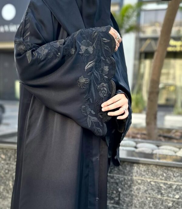 Embroidered Black Front Open Abaya