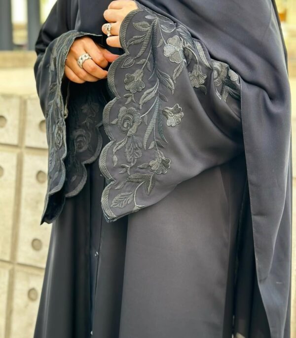 Embroidered Black Front Open Abaya - Image 3