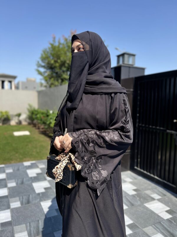 Embroidered Black Front Open Abaya - Image 2